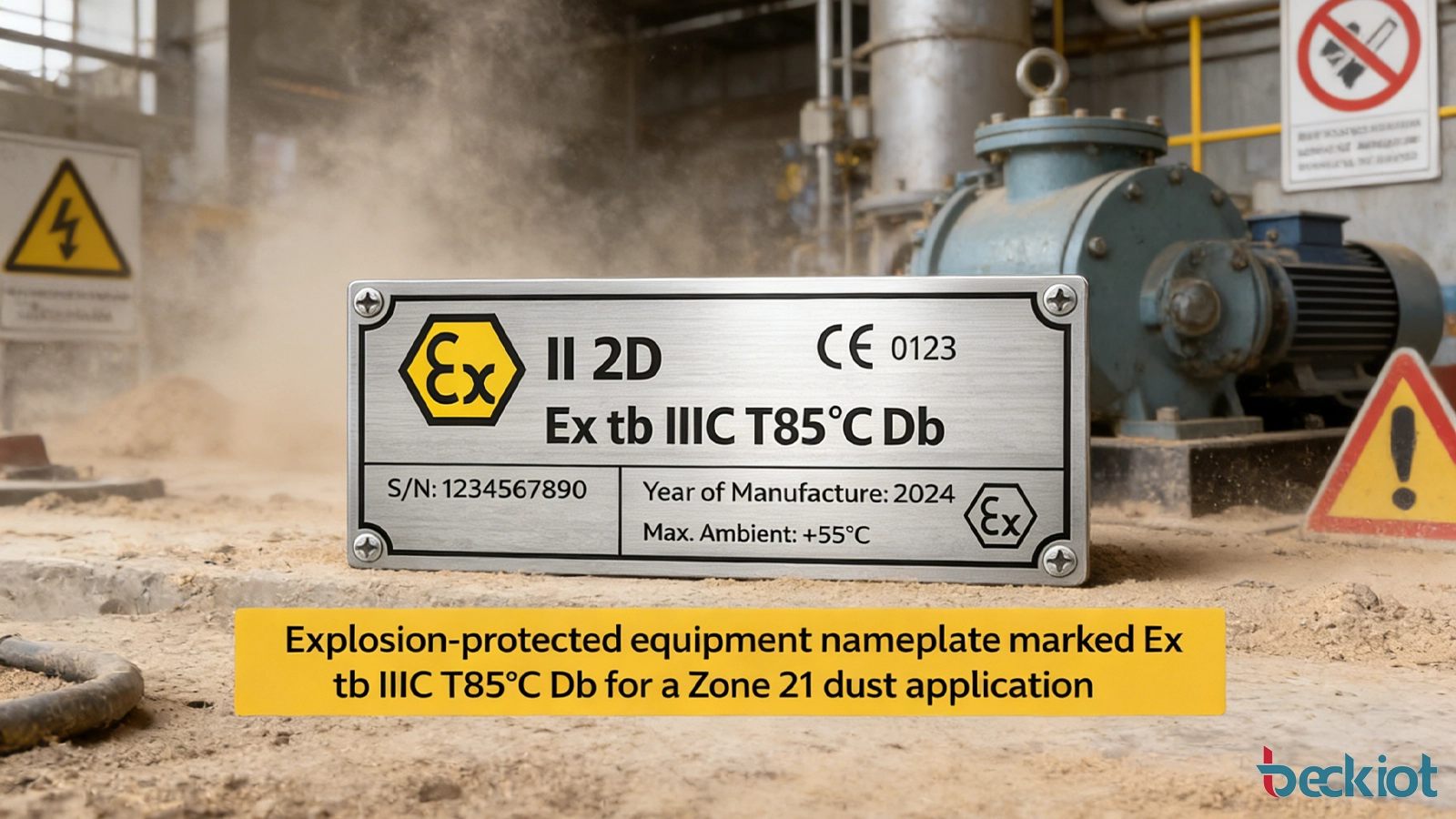 21ゾーン粉じん用途向けの「Ex tb IIIC T85°C Db」と表示された防爆機器銘板のイラスト