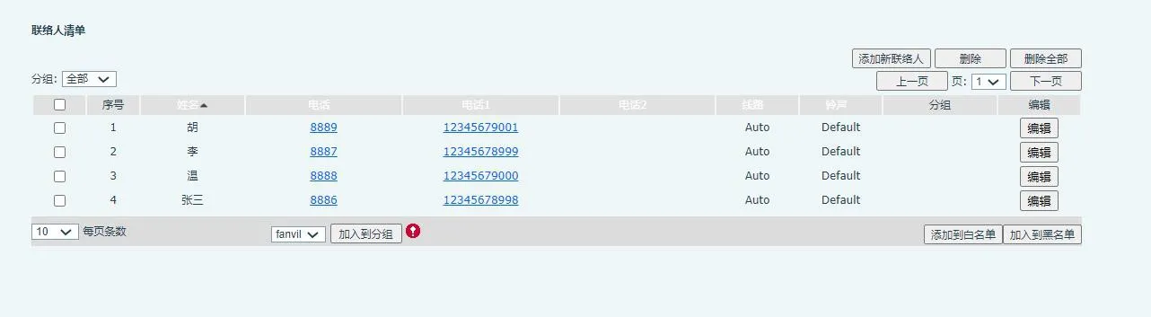 Imported contact list displayed in the phone web interface