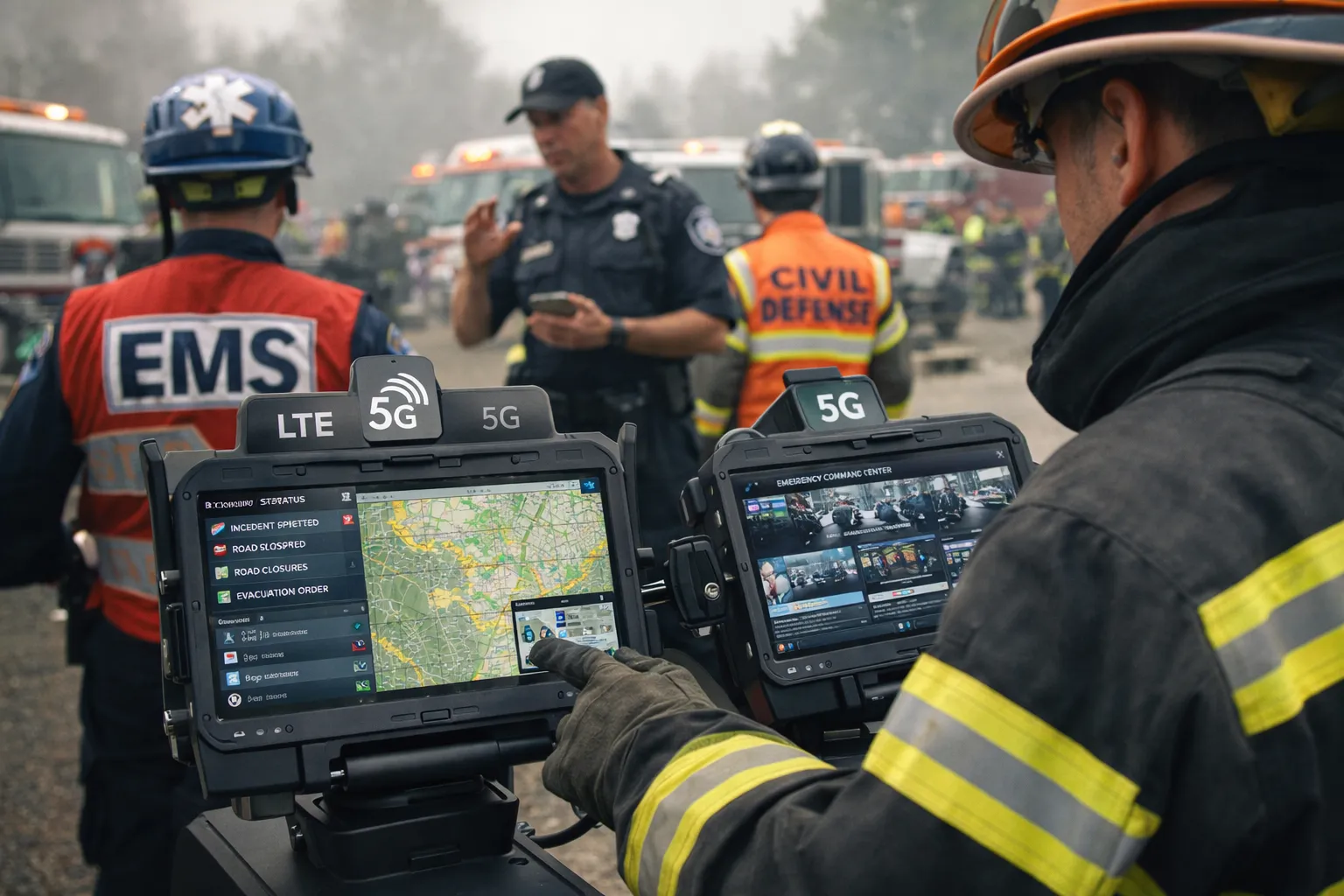 LTE・5G接続の通信端末を使用し、指揮連携を受ける現場緊急対応隊員