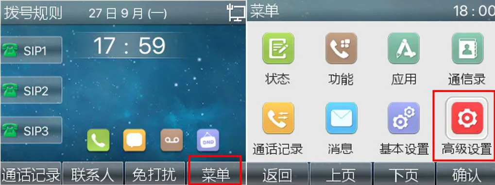 Advanced settings menu on the phone