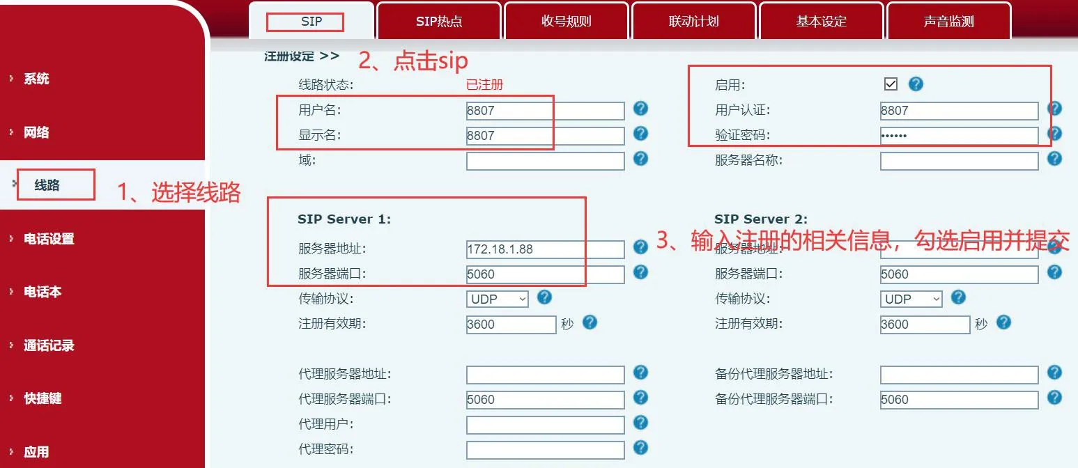 SIP line settings in the web interface