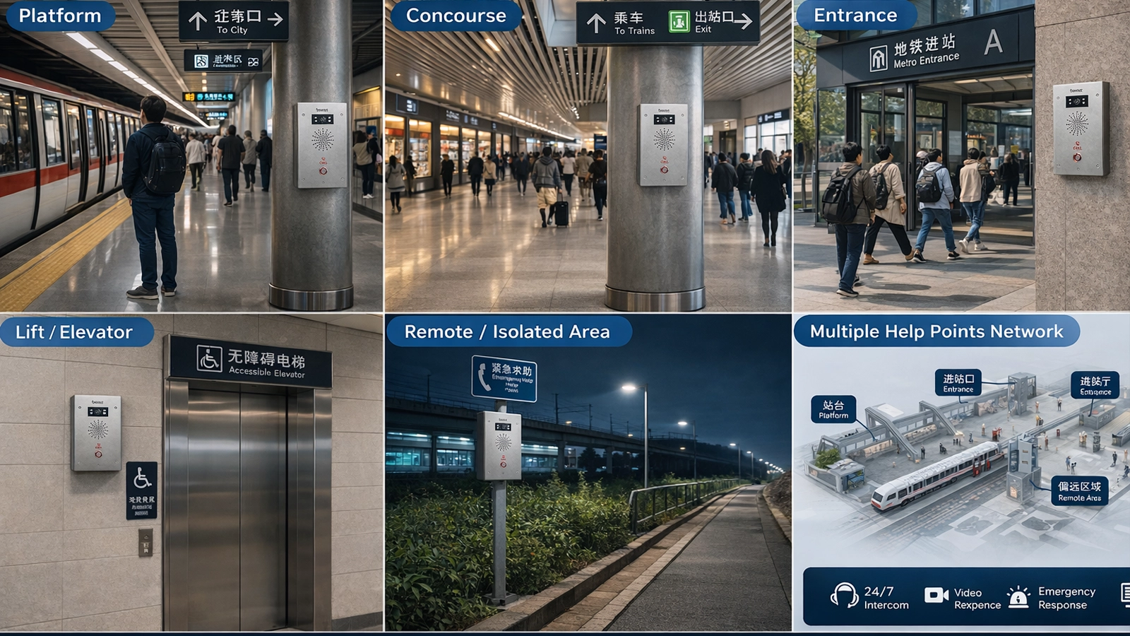 鉄道駅・地下鉄駅のホーム、コンコース、出入口、エレベーター、および遠隔エリアへの旅客用ヘルプポイントの導入