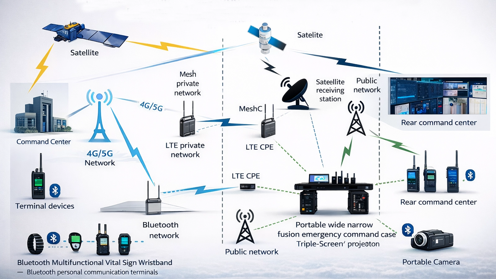 無線、携帯電話網、衛星、指令センターシステムを統合したハイブリッド緊急通信トポロジー