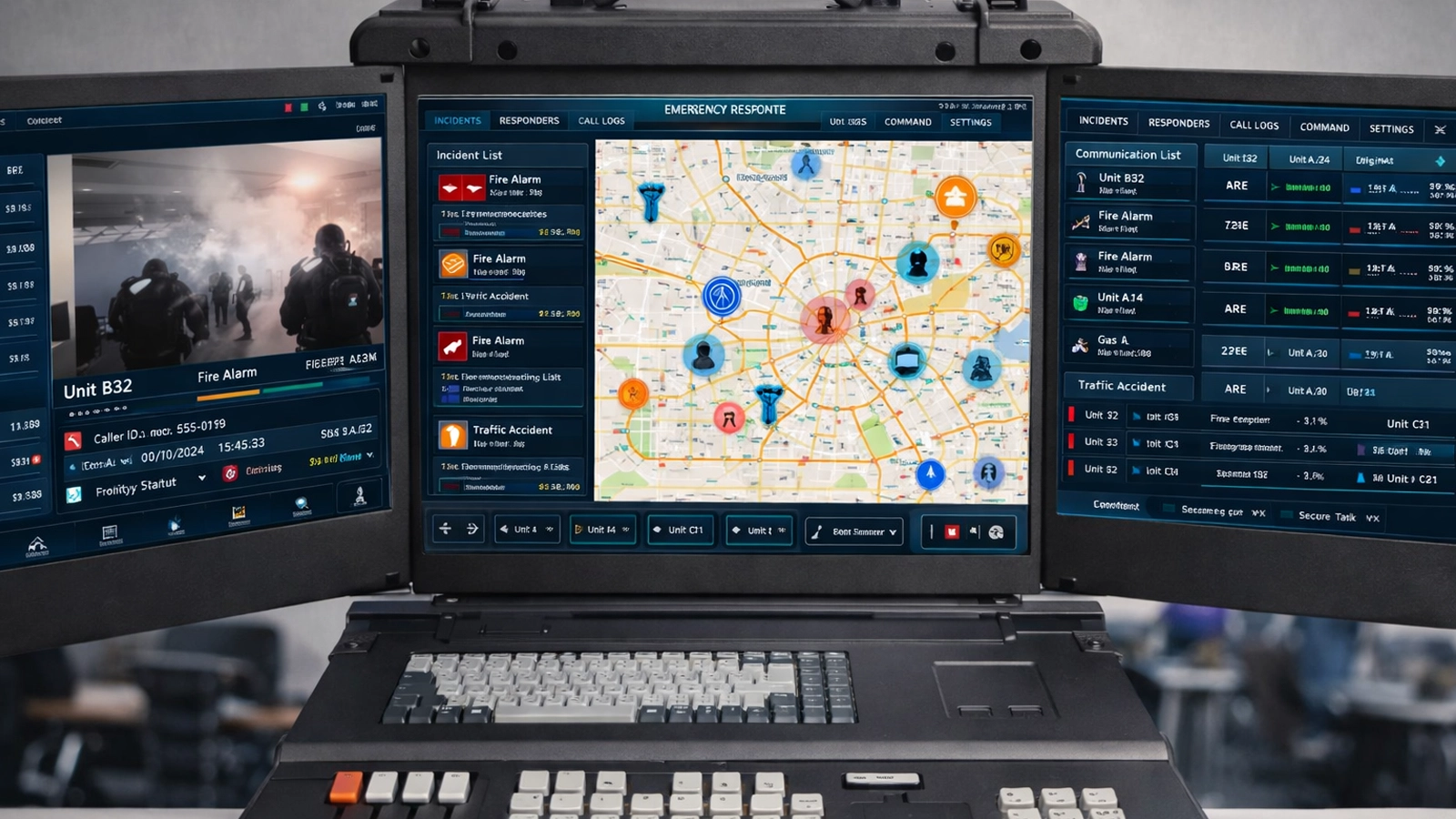 GIS地図、対応隊員位置、警報イベント、通信状況を表示する緊急指令ダッシュボード