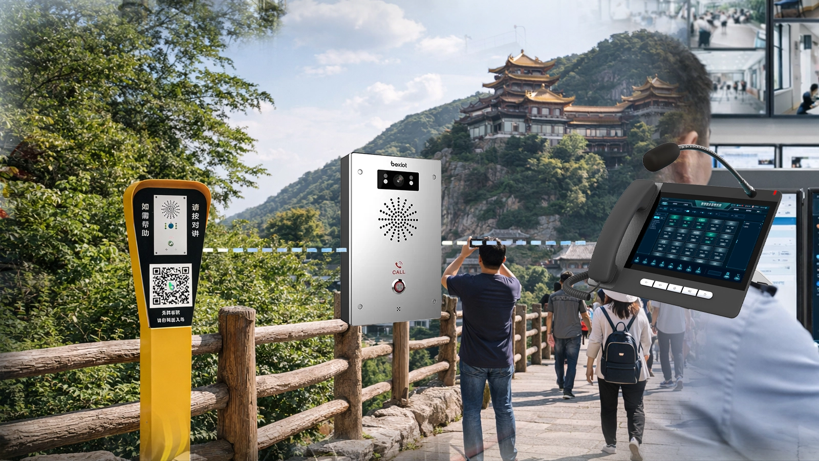 屋外用ヘルプポイント、SIPインターホン、電話機、ページング、CCTV、集中管制を備えた観光地向け緊急インターホン・ヘルプポイントシステムアーキテクチャ
