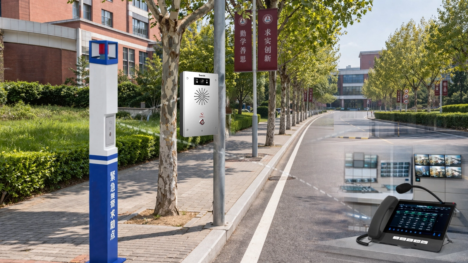 教室・門扉・事務室・SIPインターホン・IP電話・拡声放送・監視カメラ・集中管理を連携させた学校非常ボタン緊急通信システム構成