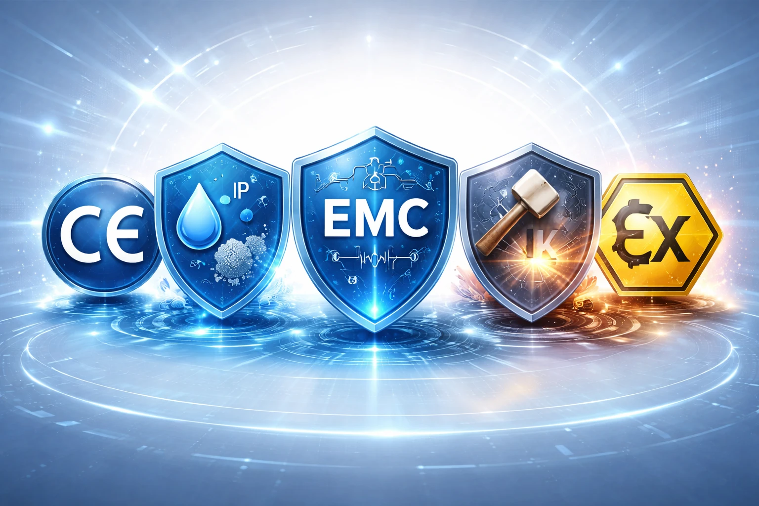 CEマーキングとともにIP等級、EMC準拠、ATEXまたはアプリケーション固有の定格を示す産業用デバイスラベルの例 CEマーキングとともにIP等級、EMC準拠、ATEXまたはアプリケーション固有の定格を示す産業用デバイスラベルの例
