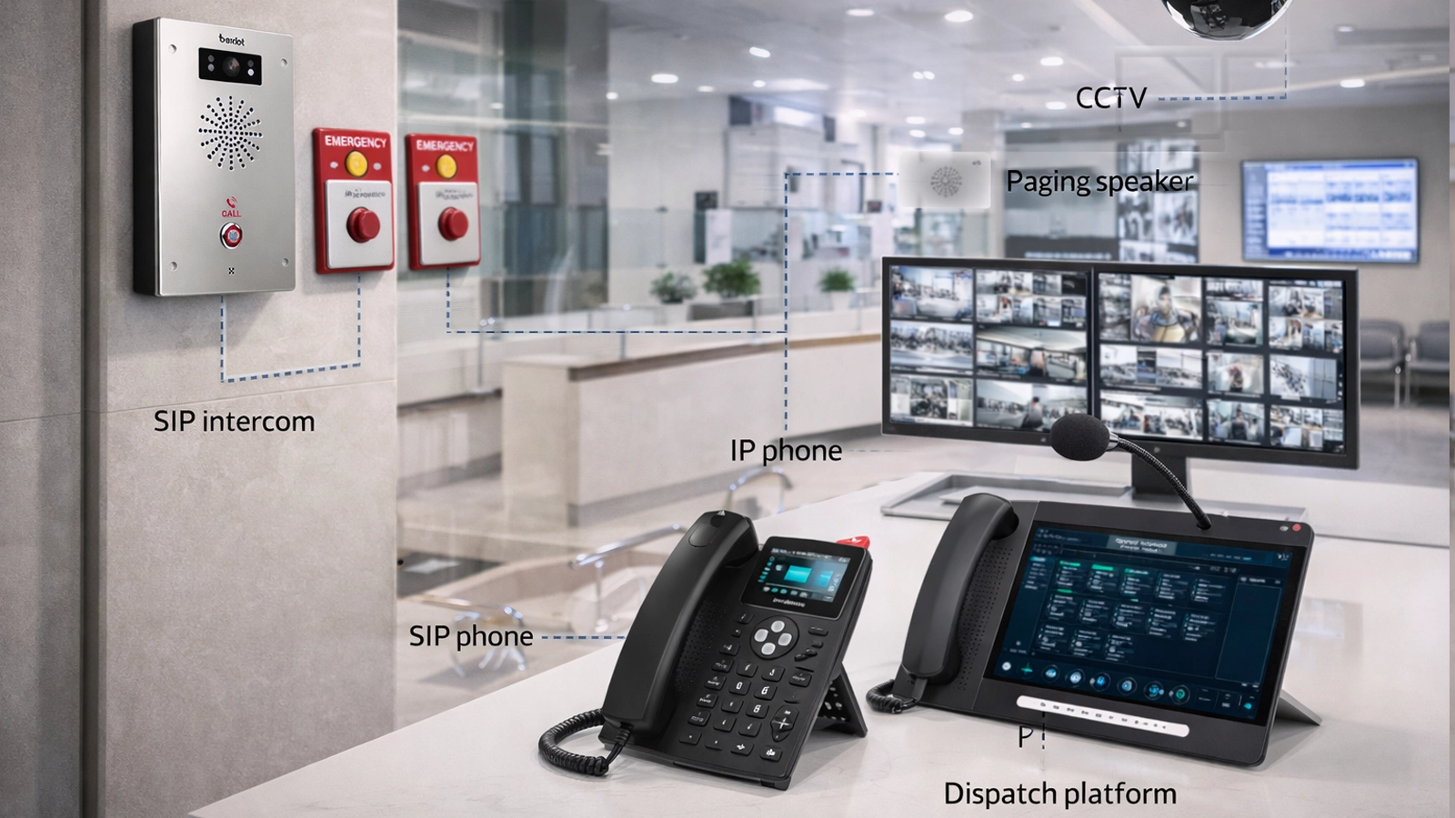 緊急ボタン、SIPインターホン、IP電話機、CCTV、ページング、配信プラットフォームを統合したパニックボタン・脅迫警報システムのアーキテクチャ