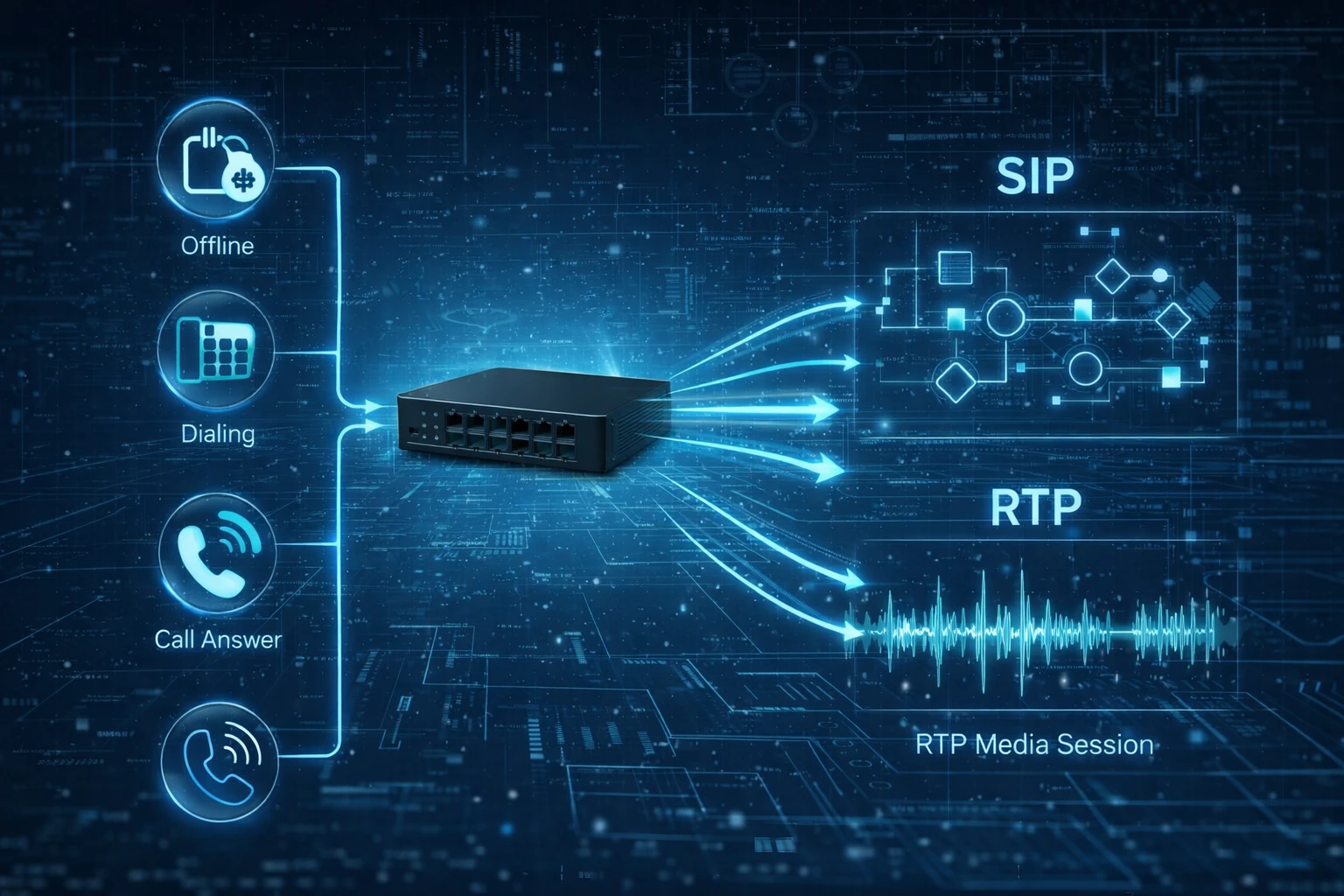 アナログ電話操作をFXSゲートウェイがSIP信号とRTPメディアへ変換する通話フロー図