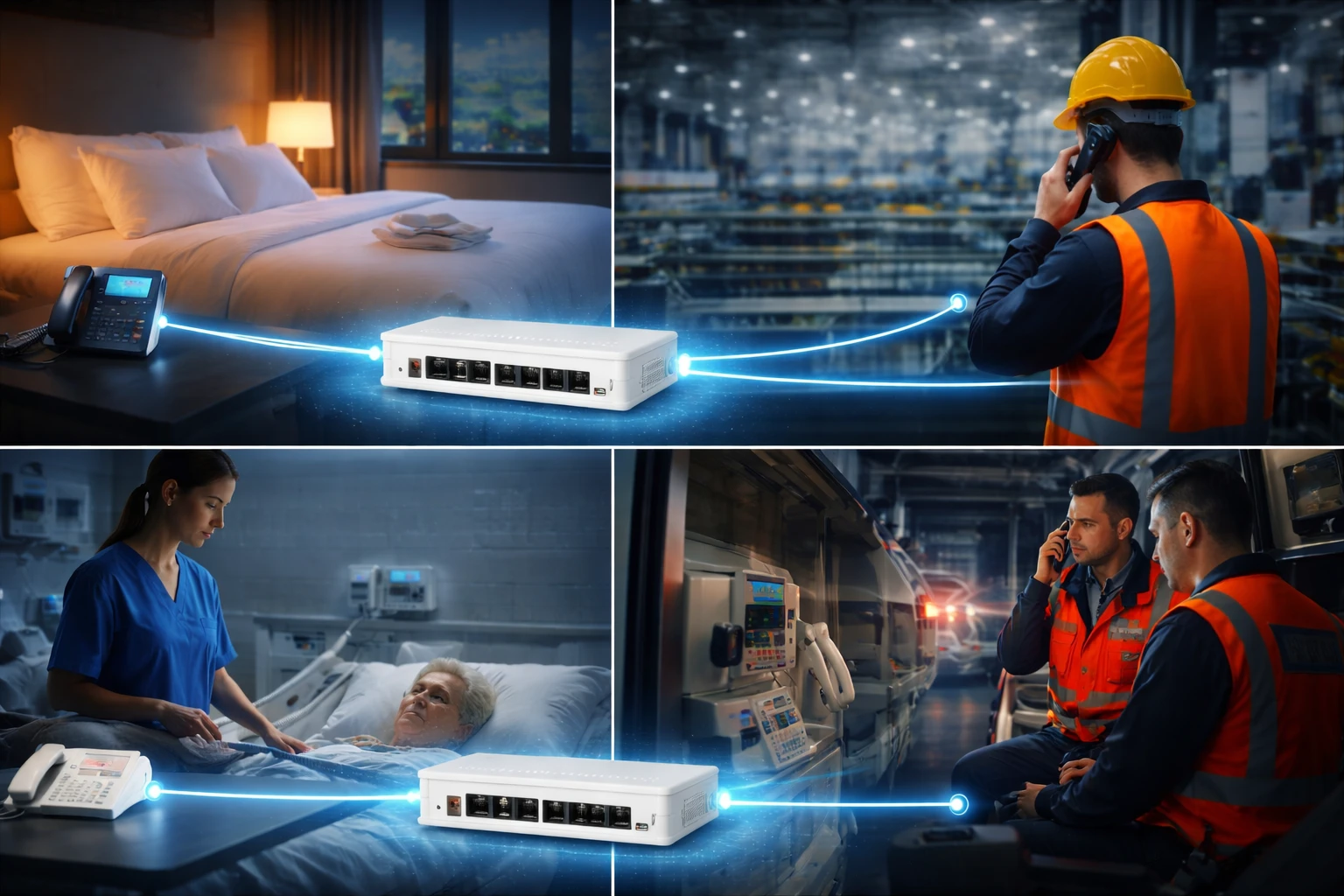 緊急電話、FAX、ホテル電話、産業用ハンドセットをFXS経由でSIP基盤へ接続