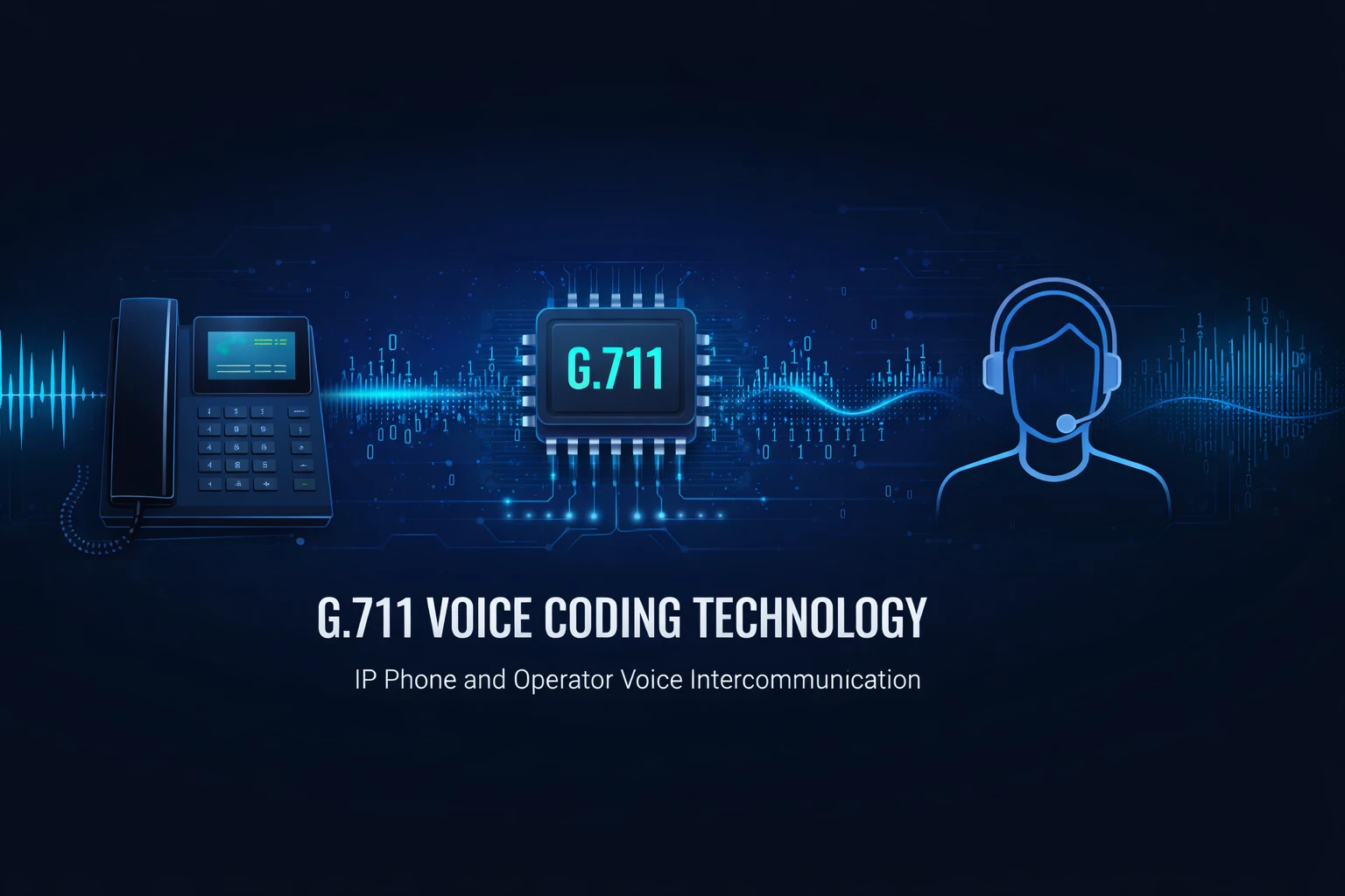 アナログ音声がPCMサンプルに変換され、A-lawまたはμ-lawで圧伸処理され、RTPパケット化されてG.711メディアとしてIPネットワークを伝送する技術的な模式図