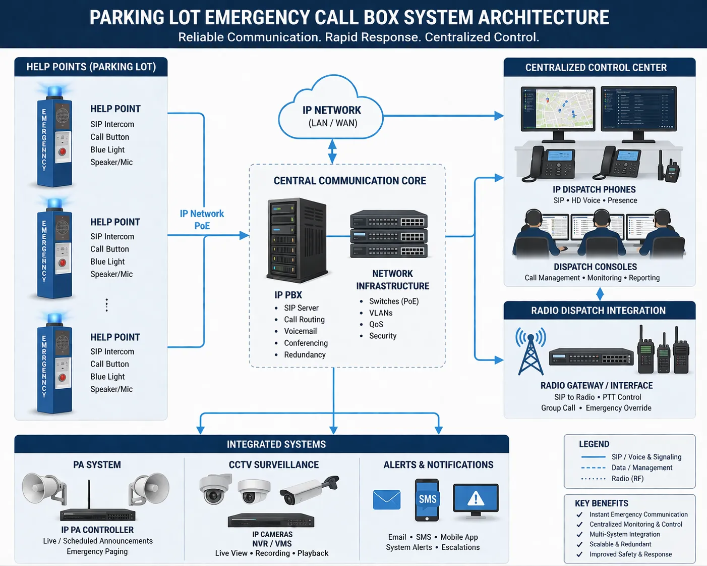 ヘルプポイント、SIPインターホン、IP PBX電話、無線ディスパッチ、PAシステム、CCTV、集中制御を備えた駐車場緊急通報ボックスシステムアーキテクチャ