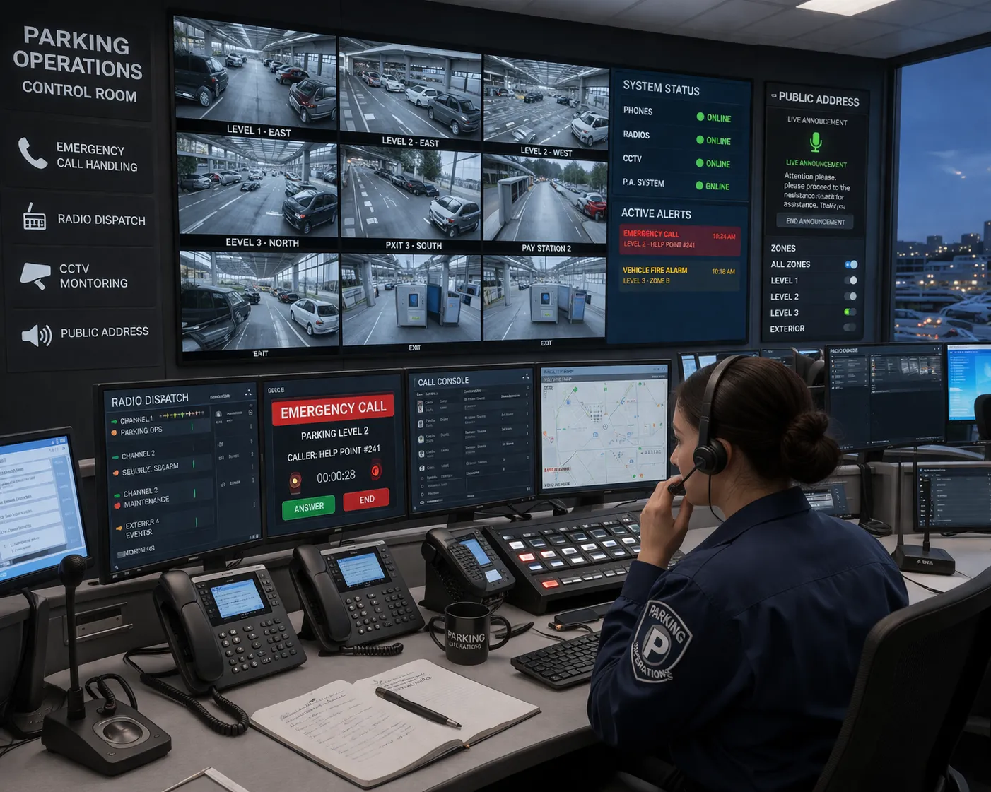緊急通話処理、IP PBX電話、無線ディスパッチ、CCTV、公共放送統合を備えた駐車場制御室