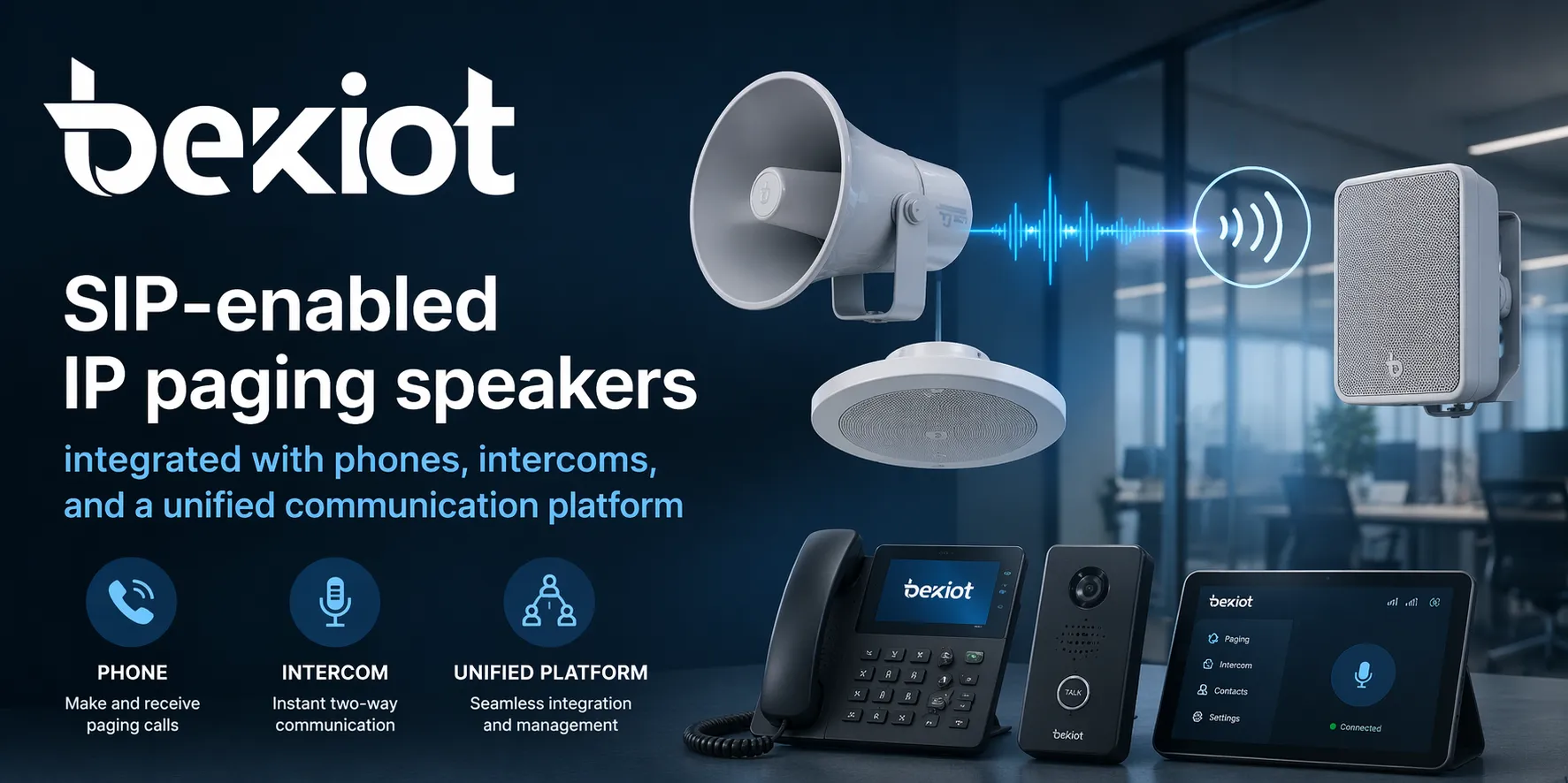 SIP対応IP拡声スピーカー　電話・インターホン・統合通信プラットフォーム連携
