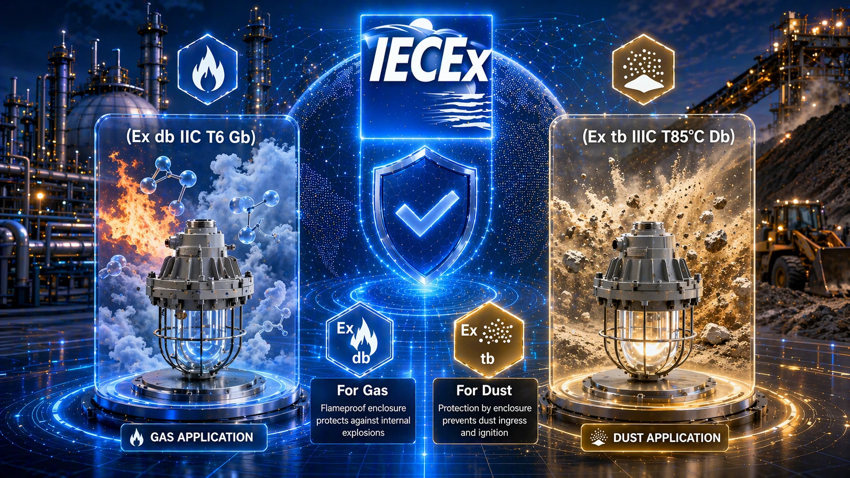 Diagram showing IECEx standards hierarchy including IEC 60079-0, 14, 17, 31 and hazardous area zone classification