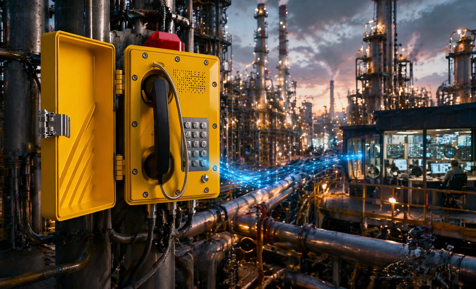 製油所プロセスエリア・洋上プラットフォーム・タンクヤード・鉱山・産業非常通信拠点などでの耐圧防爆SIP電話活用シーン