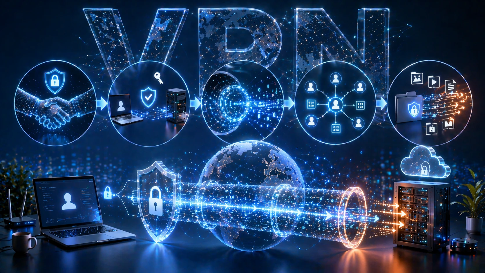 TLSハンドシェイク・相互認証・仮想トンネル作成・アドレス割り当て・VPN経由の通信ルーティングといったOpenVPN接続の各段階を示す図 TLSハンドシェイク・相互認証・仮想トンネル作成・アドレス割り当て・VPN経由の通信ルーティングといったOpenVPN接続の各段階を示す図