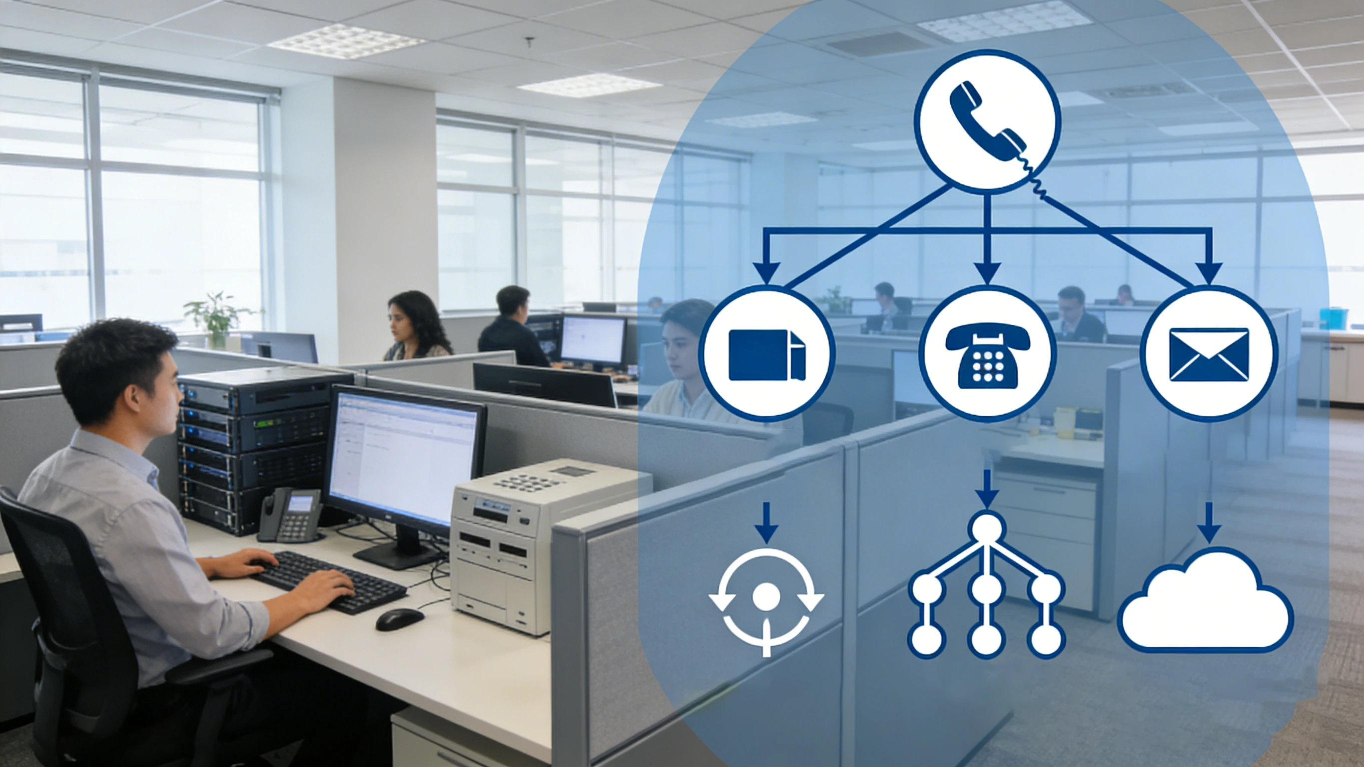 Business PBX routing inbound and outbound calls through SIP trunk, PSTN gateway, auto attendant, and department extensions Business PBX routing inbound and outbound calls through SIP trunk, PSTN gateway, auto attendant, and department extensions