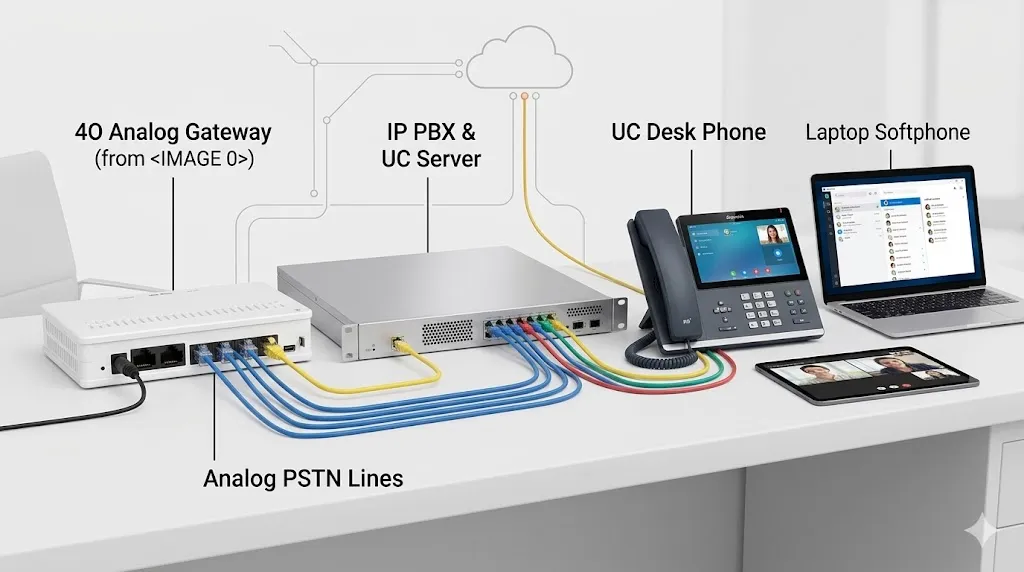IP PBXおよびユニファイドコミュニケーションプラットフォームに接続された4Oアナログゲートウェイ