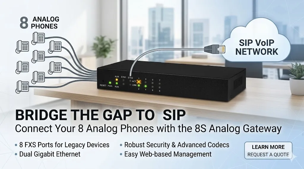 アナログ電話機とSIPネットワーク統合用8Sアナログゲートウェイ正面図