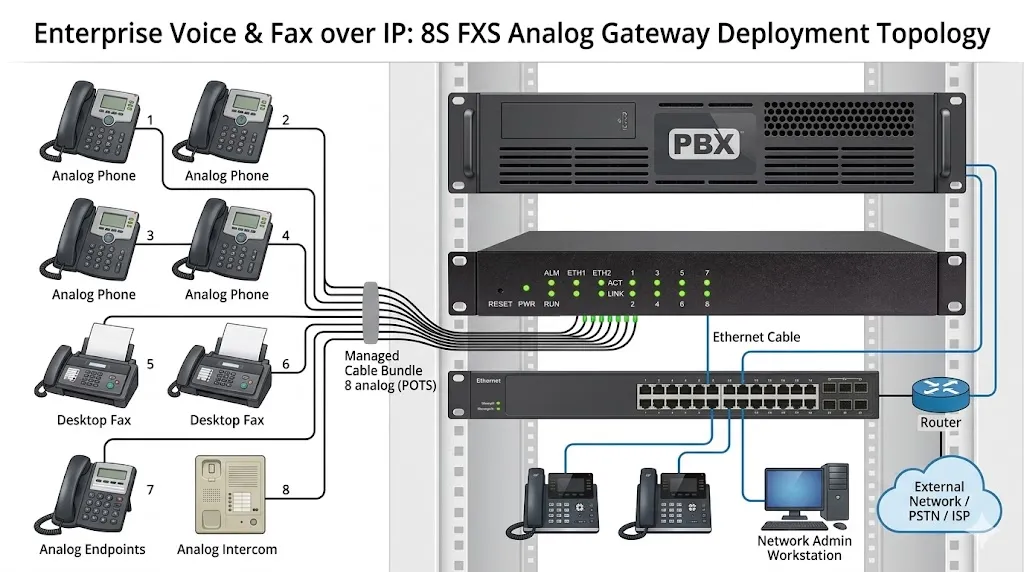 アナログ電話機、ファックス機、IP-PBXに接続された8Sアナログゲートウェイ