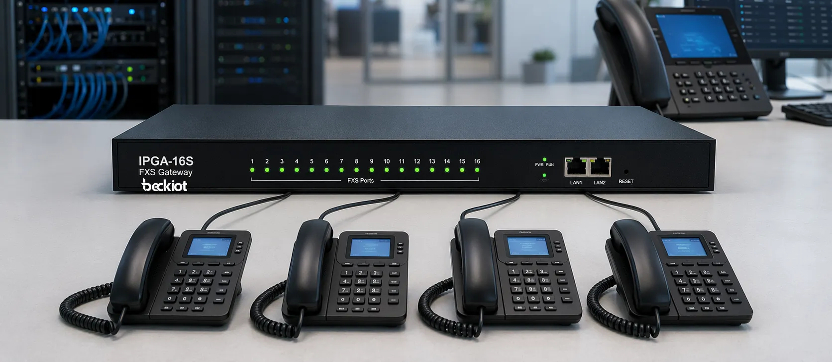 アナログ電話機とIP‑PBXプラットフォームに接続されたIPGA‑16S FXSゲートウェイ