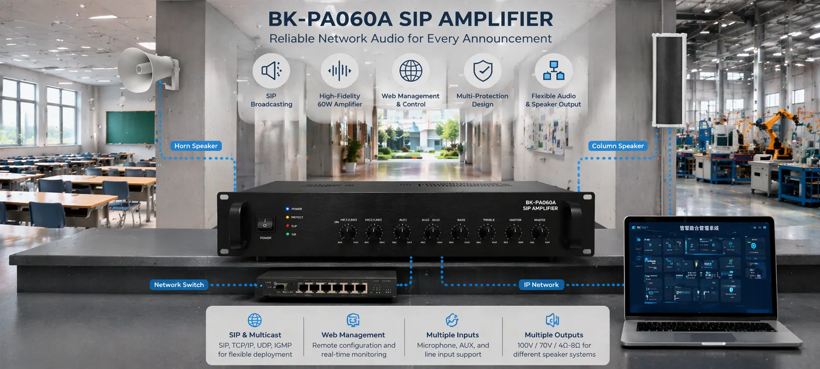 キャンパス・工場・商業施設のパブリックアドレスシステムに導入されたBK-PA60A SIPアンプ