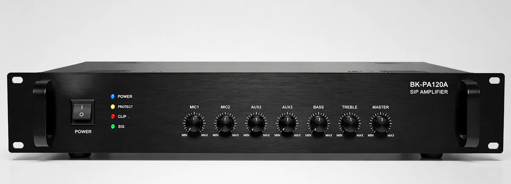 19インチ2Uラックマウント設置されたBK-PA120A SIPアンプの正面図