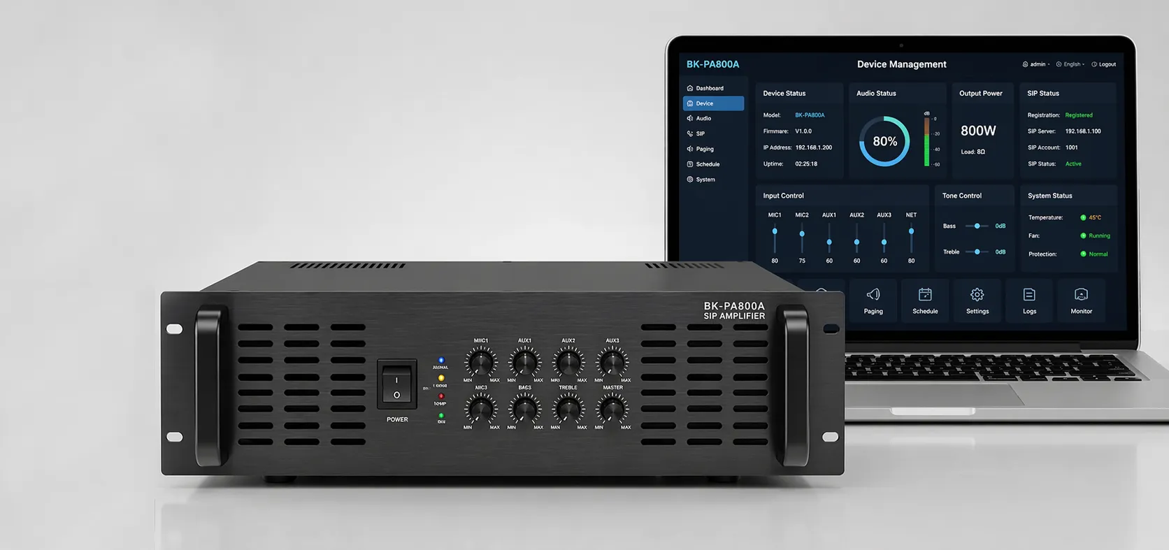 ネットワークオーディオの監視・設定用WEBインターフェースを搭載したBK-PA800A SIPアンプ