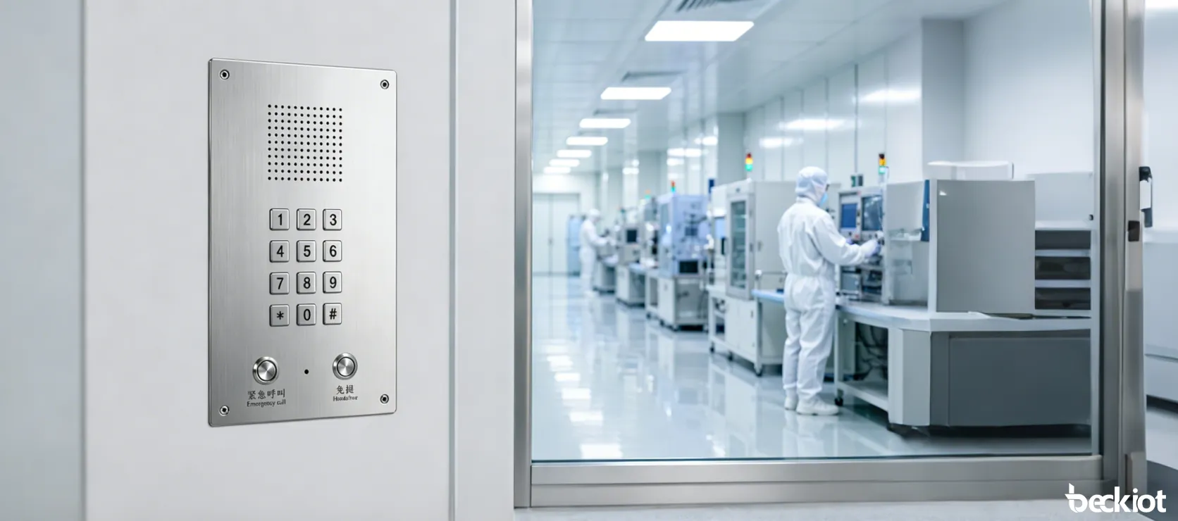 ステンレス鋼製パネルと埋め込み式設計を備えたBT26クリーンルーム用IPハンズフリー電話機の正面図