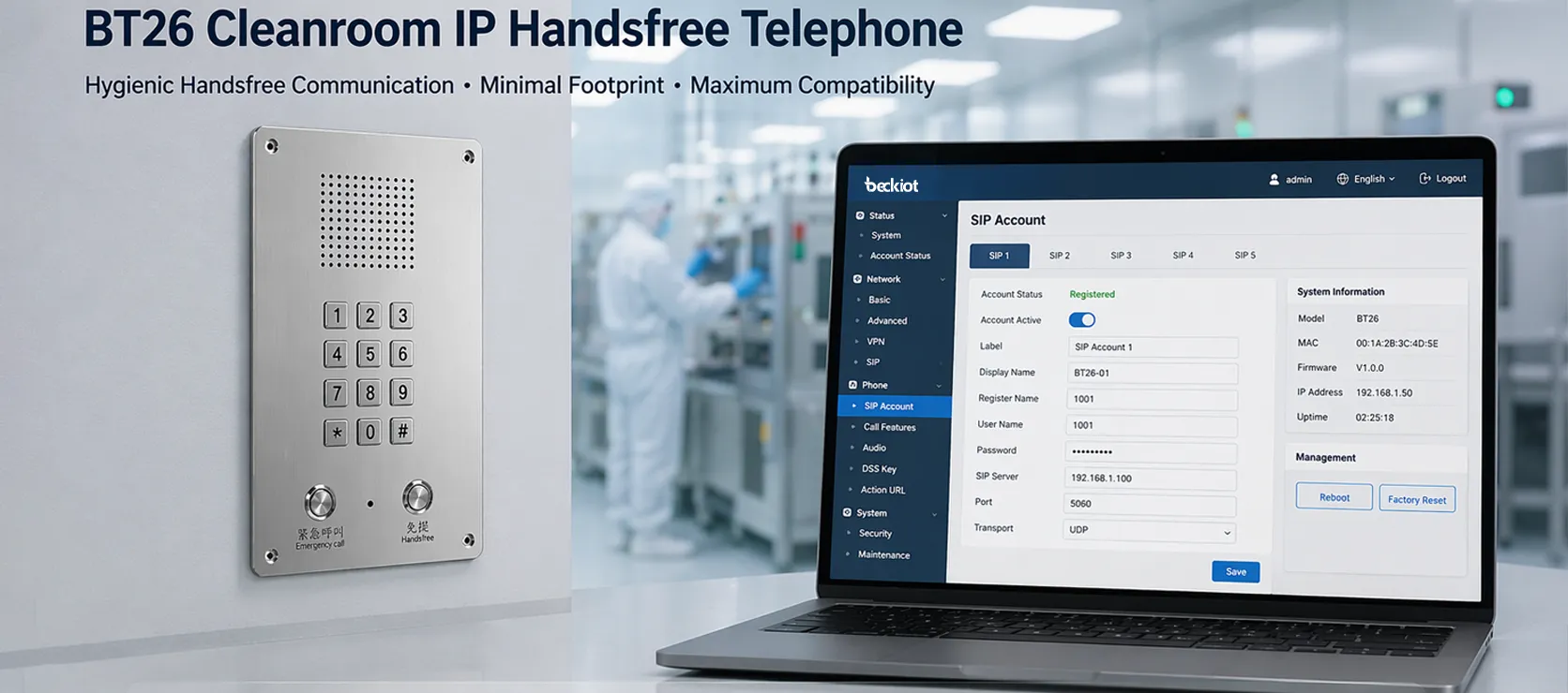 WebベースのSIP設定とリモート管理インターフェースを備えたBT26クリーンルーム用IPハンズフリー電話機