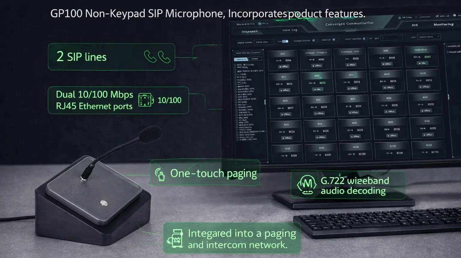 ページング・インターカムネットワークに統合されたGP100 キーパッドレスSIPマイク