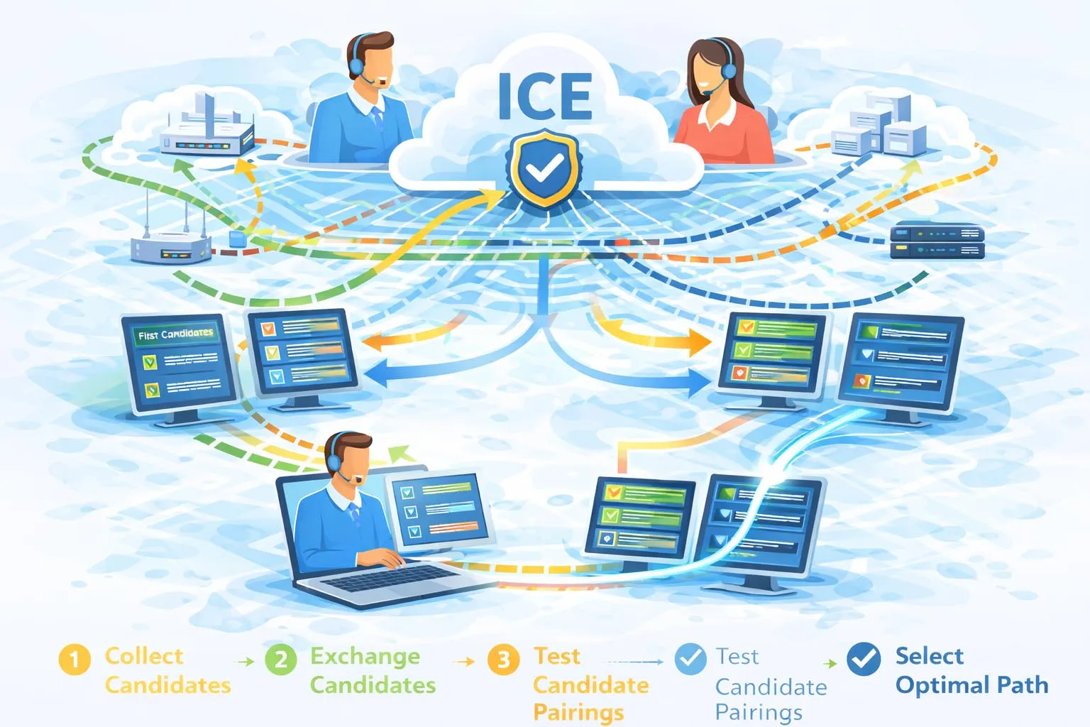 ホスト候補、サーバーリフレクシブ候補、リレー候補にわたるICE候補収集、交換、接続性チェック、ノミネーション