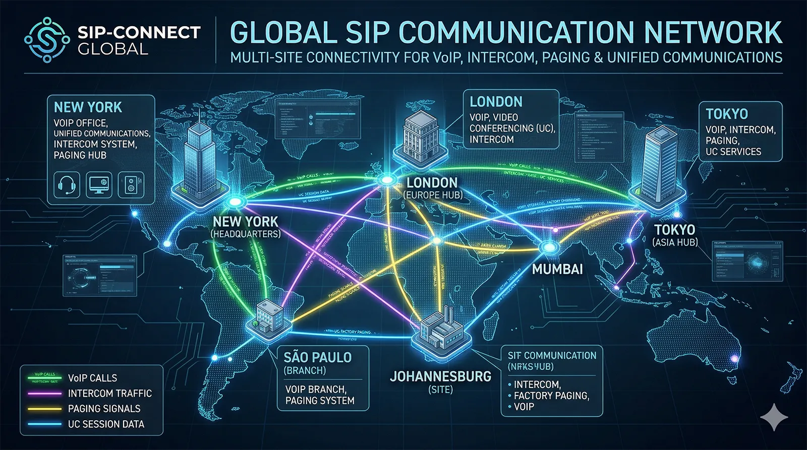 VoIP・インターホン・拡声放送・統合コミュニケーションの多拠点接続を示すグローバルSIP通信ネットワーク