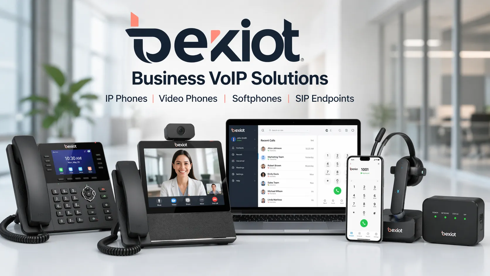 Business VoIP devices including desk IP phones, video phones, softphones, and SIP communication endpoints