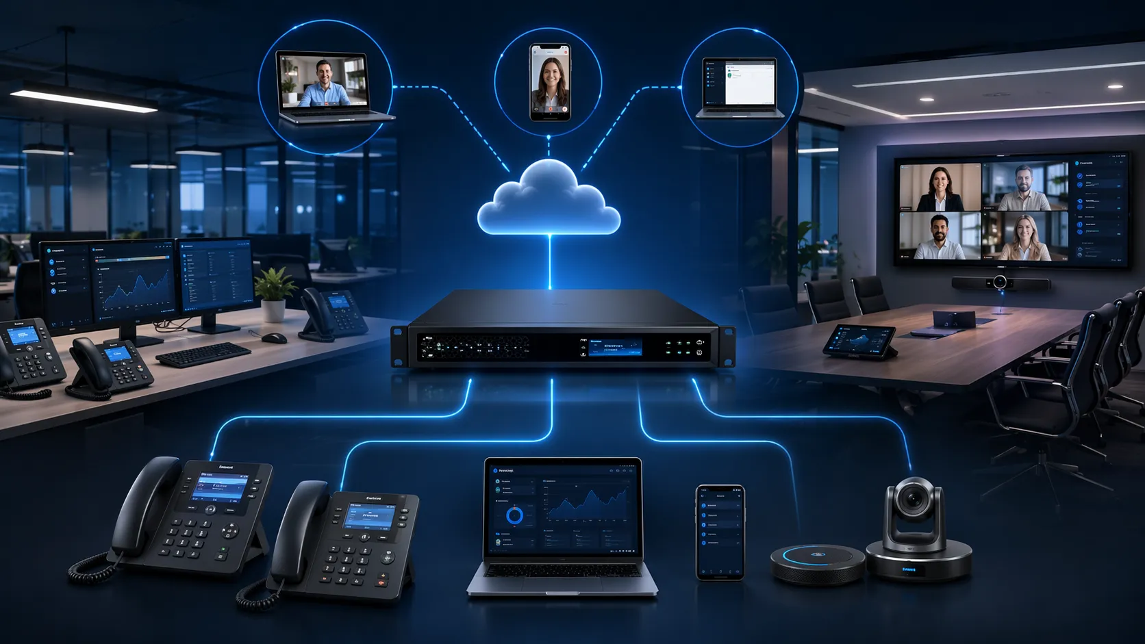 ビジネスネットワーク上でオフィス電話、ビデオ端末、リモートユーザーを支えるGrandstream内蔵IP PBX