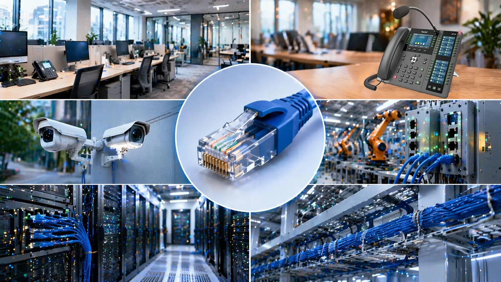 RJ45コネクタ付きイーサネットケーブルをオフィスネットワーク機器に接続した様子 RJ45コネクタ付きイーサネットケーブルをオフィスネットワーク機器に接続した様子