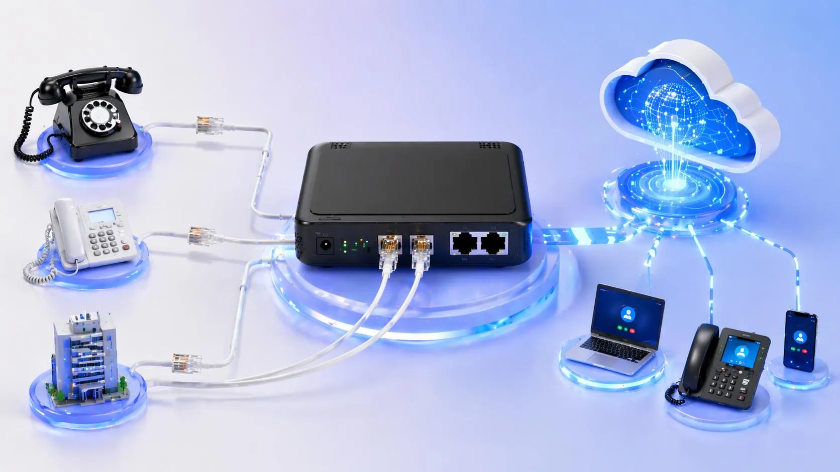 オフィス通信環境でRJ11ケーブルに接続された電話受話器