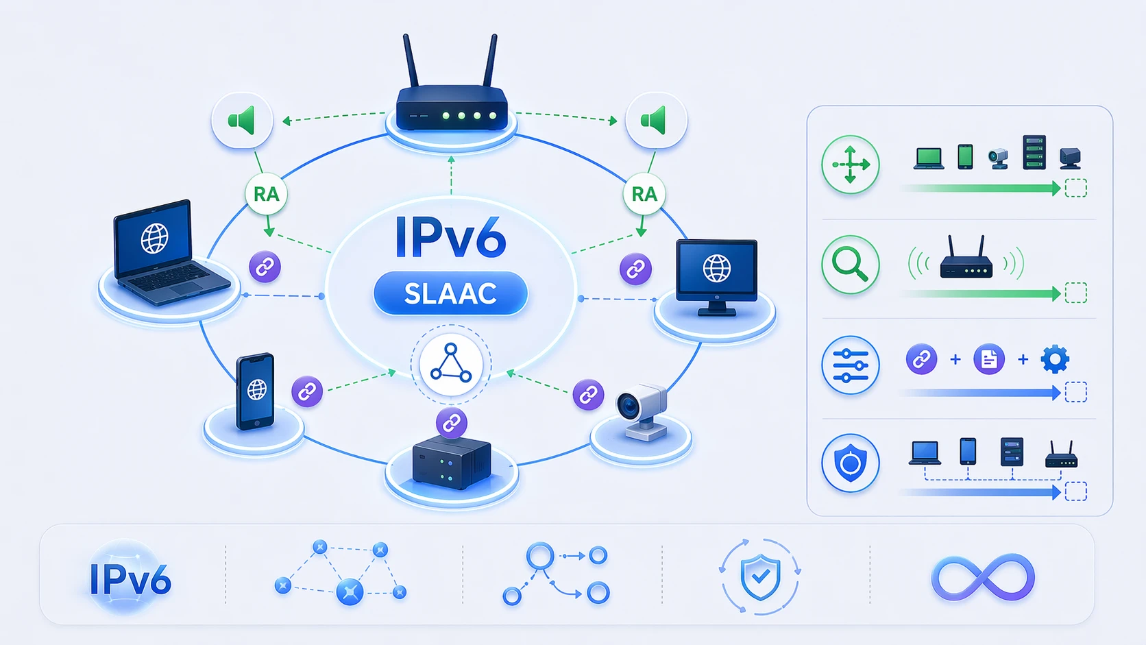 自動ホスト設定 手動作業の削減 スケーラブルなアドレス作成を示す IPv6 SLAAC のメリット