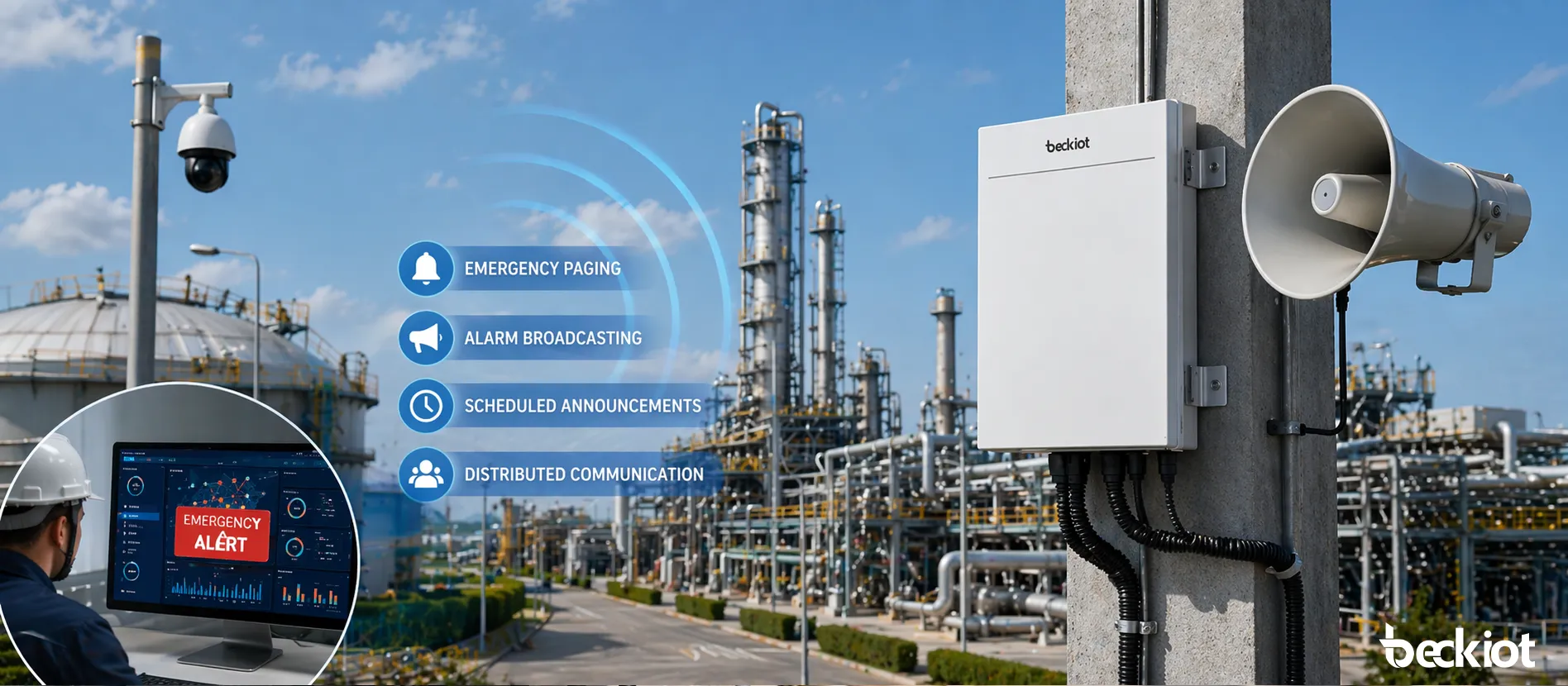 BK-PA60AF outdoor weatherproof PA amplifier used for emergency paging and alarm broadcasting in a large outdoor facility