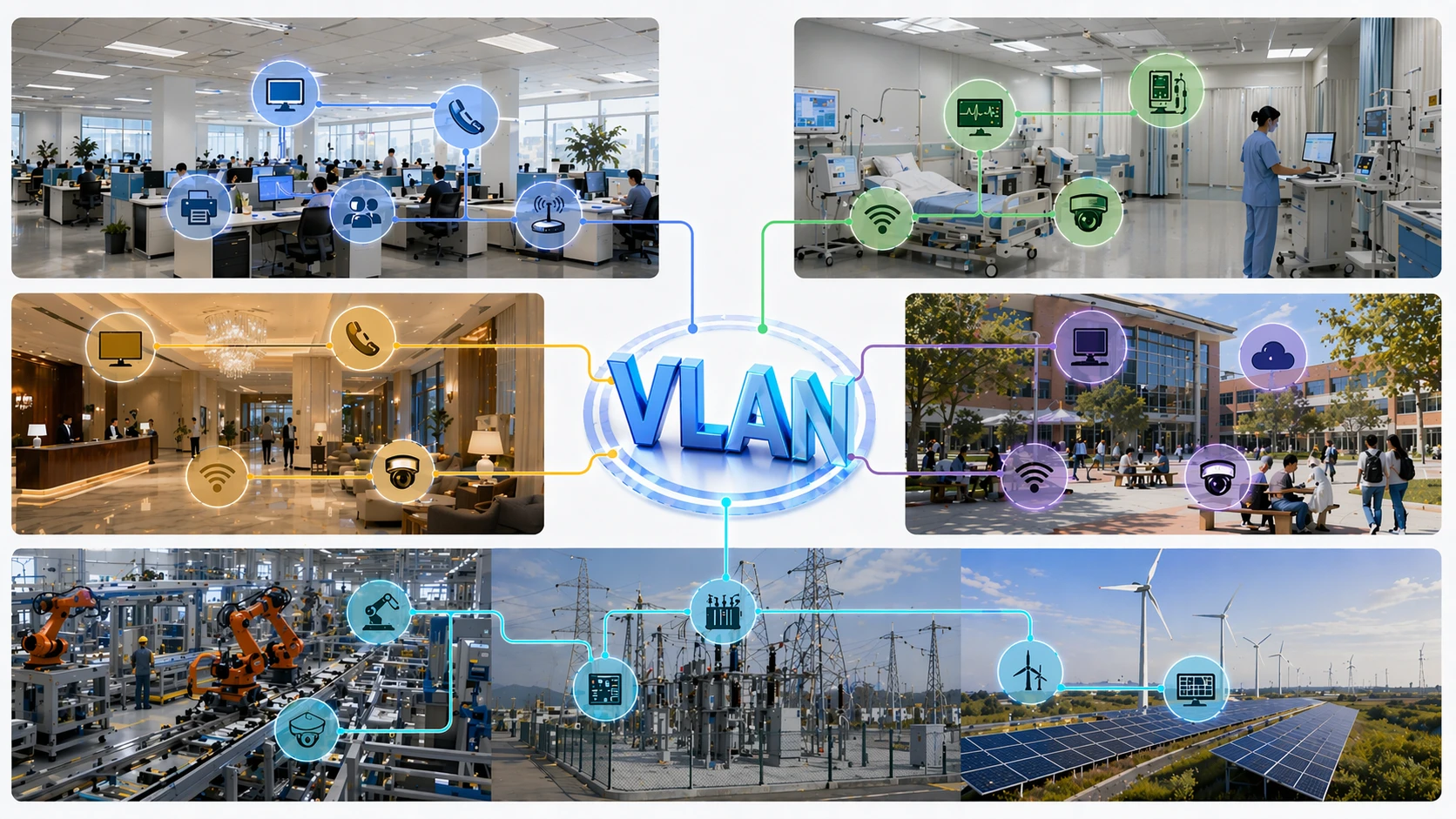企業オフィス、キャンパスWi-Fi、病院、監視システム、産業制御ネットワークで使用されるVLANセグメンテーション