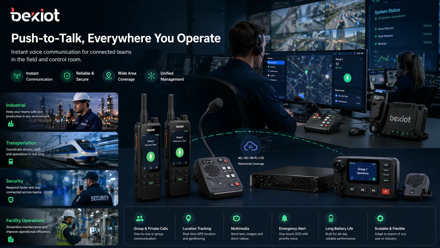 産業、輸送、警備、施設運用で現場チームとディスパッチスタッフをつなぐ Push-to-Talk