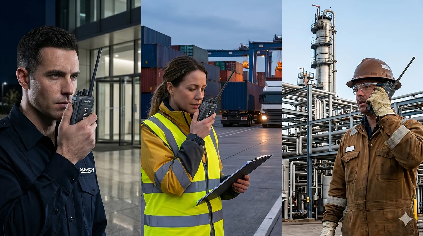 Becke TelcomのPush to Talkハンドヘルドラジオが、セキュリティ、輸送、産業運用の現場チームで使用されている様子