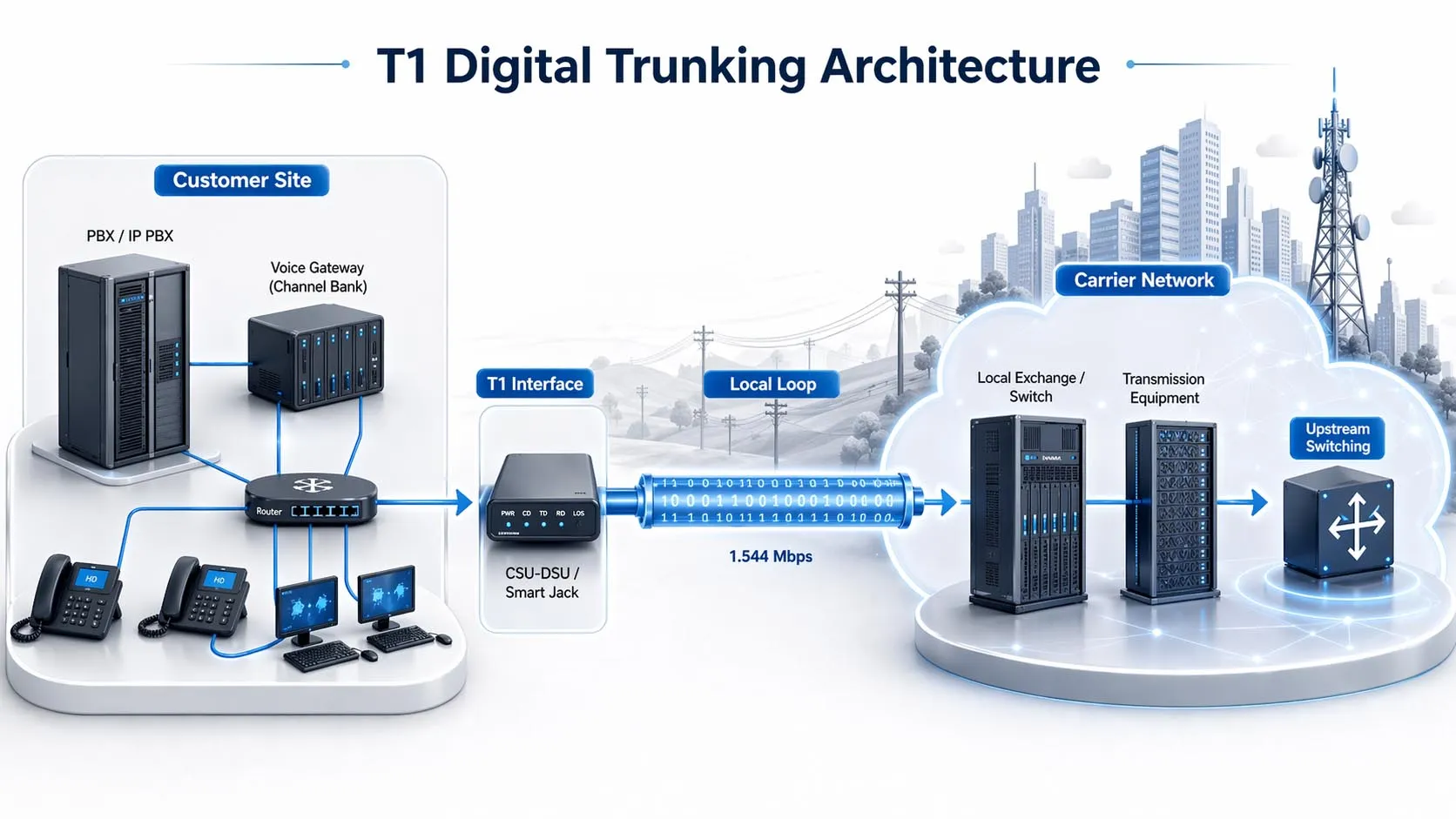 PBX/ルーター、CSU/DSU、加入者線、事業者中央局、公衆網で構成されるT1デジタルトランクのネットワーク構成