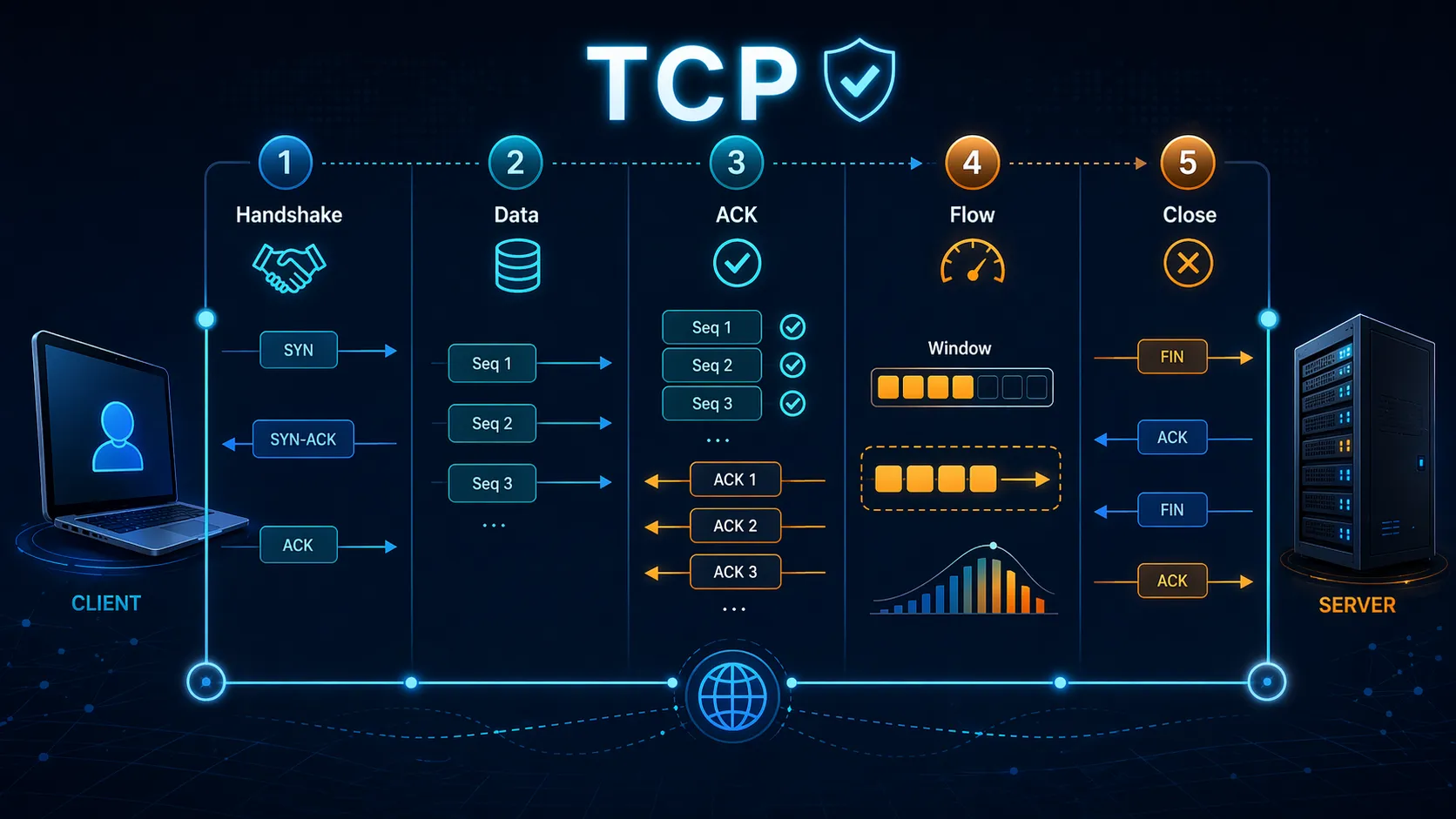 TCPハンドシェイクの後、順序付けられたセグメント配信と確認応答の交換を示す図