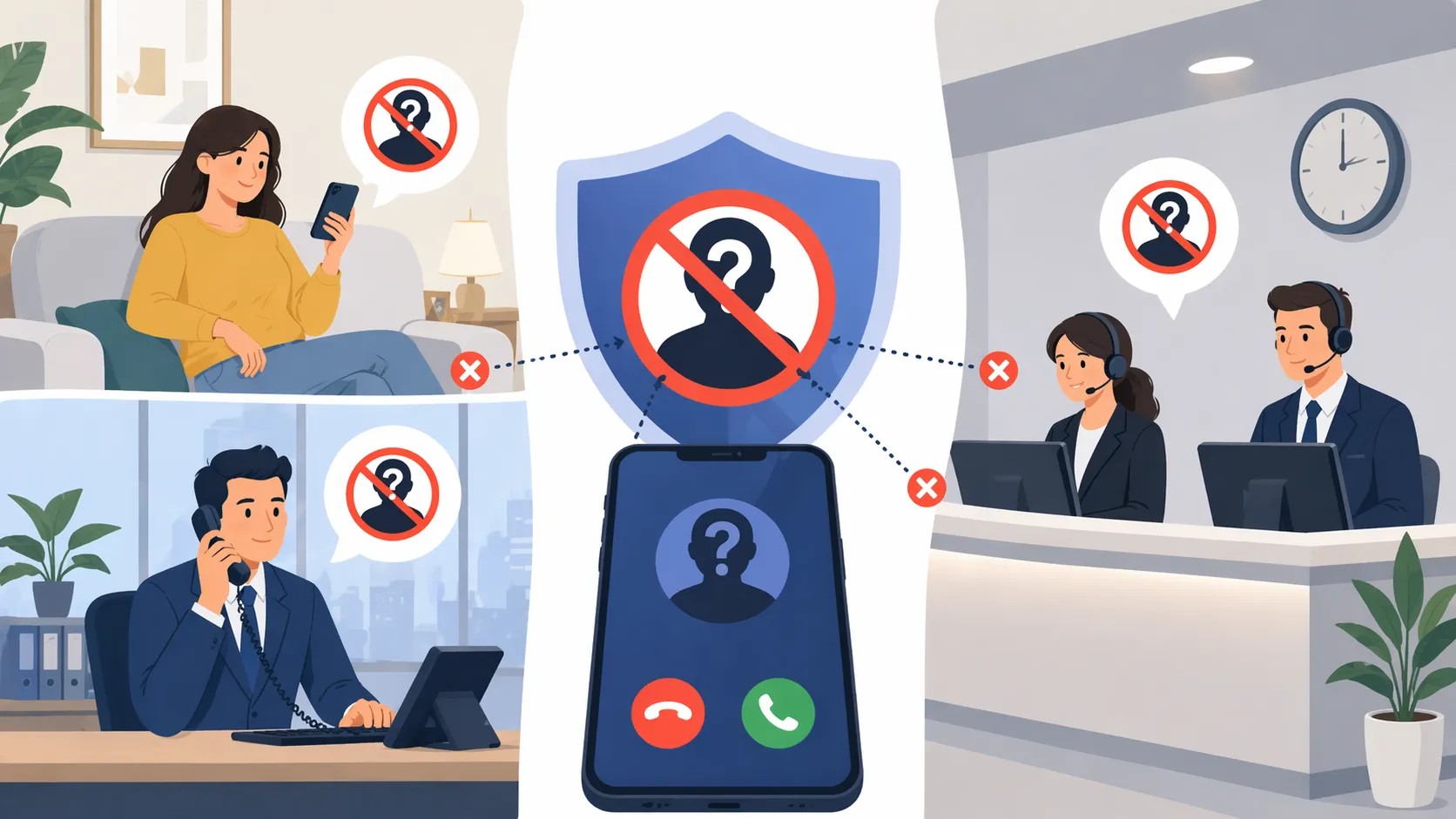 オフィスのデスクフォンが匿名着信拒否を使用して、非公開番号からの通話がスタッフを中断するのを防いでいる様子