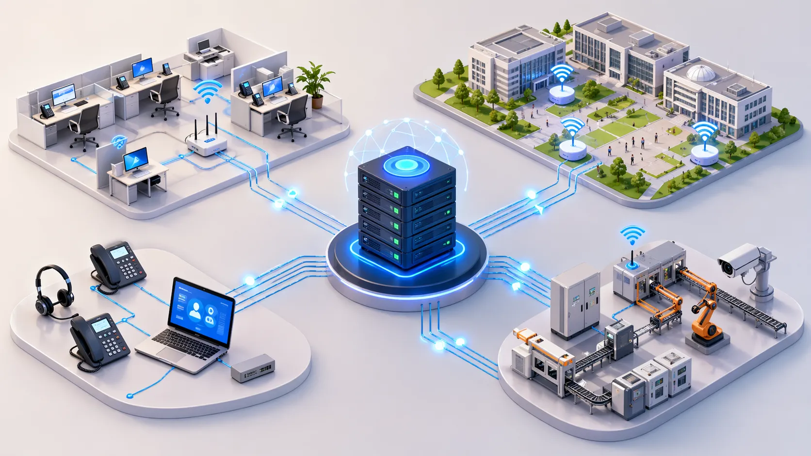 企業用音声ネットワークにおいてDHCPがIP電話とSIP通信機器をサポートする様子