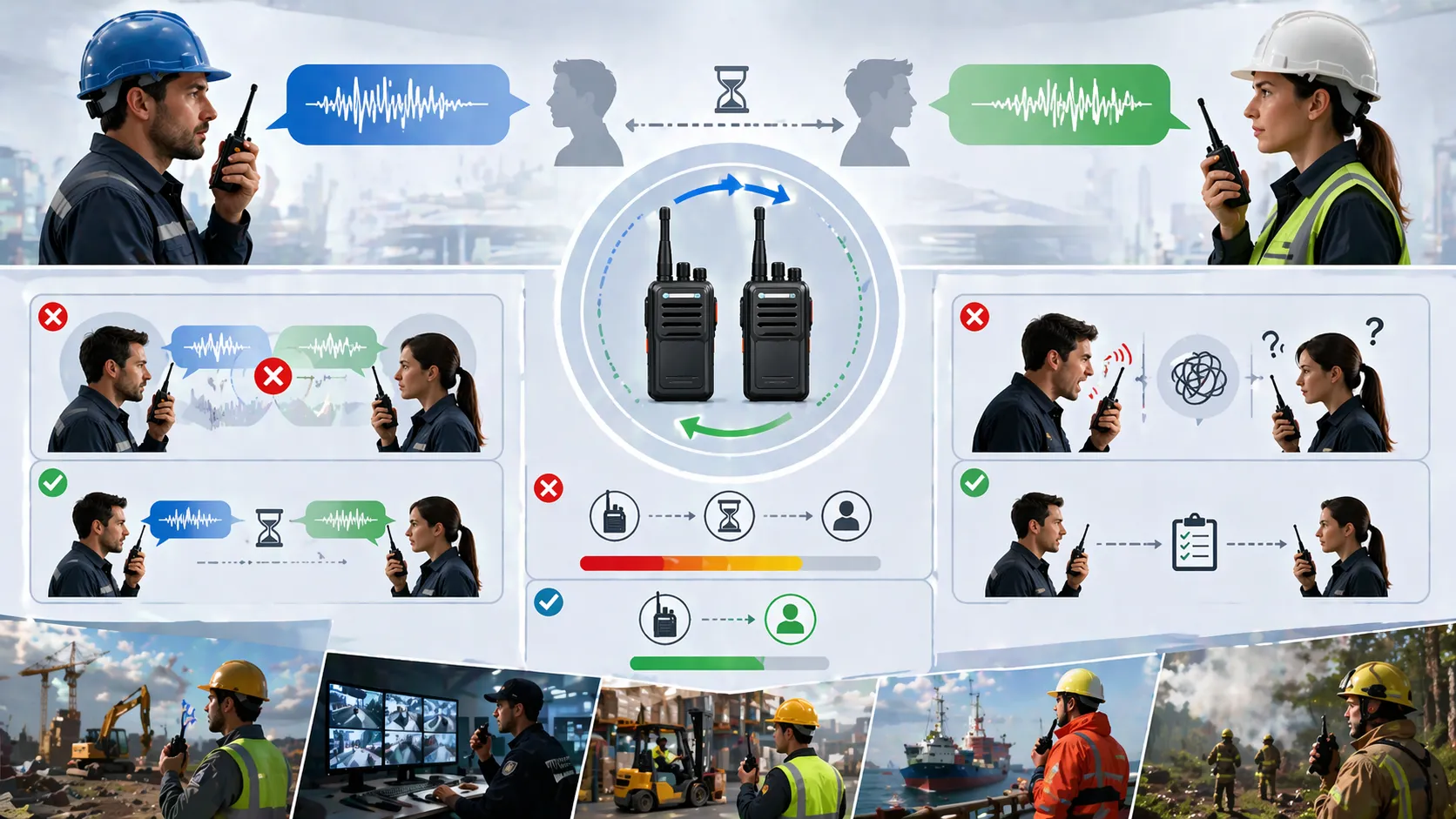 現場作業で使用される半二重通信。利用者は共有チャンネルで順番に送信