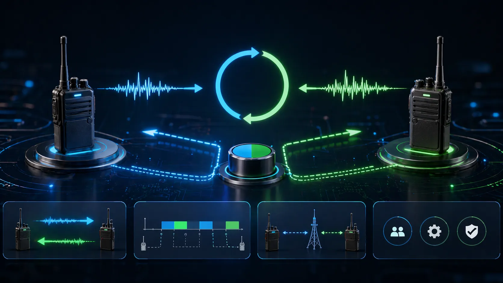 デュプレックスモード切り替えの概念図：全二重、半二重、送信/受信状態間の通信遷移を示す