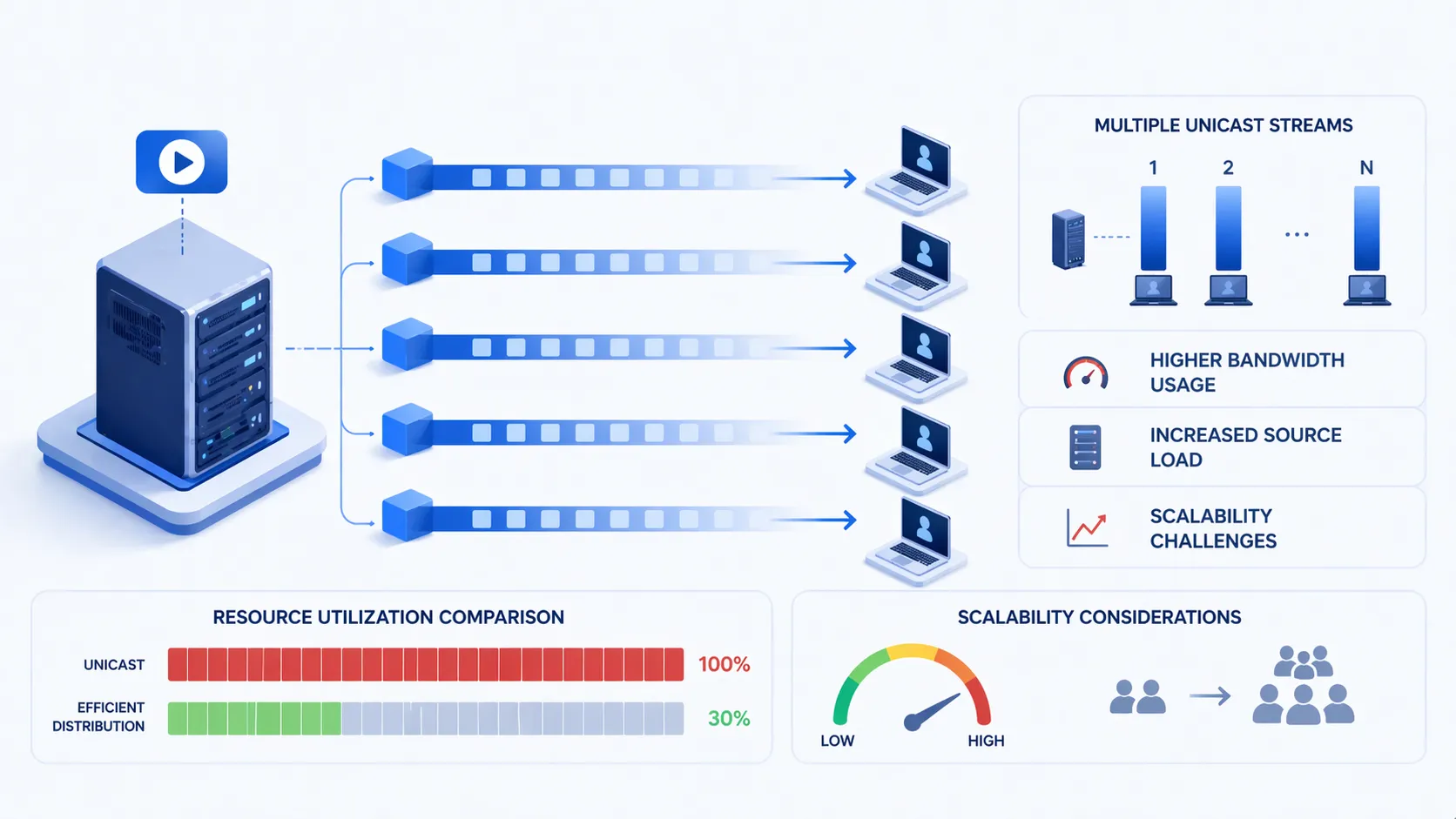 ユニキャストのスケーリング例。1つの送信元から多数の受信者に向けて複数の個別ストリームが送信されている図